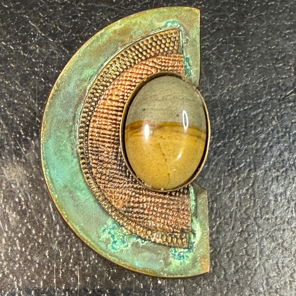 Vintage Brutalist Mixed Metal Verdigris Brooch Jasper Stone Studio Jewelry Pin